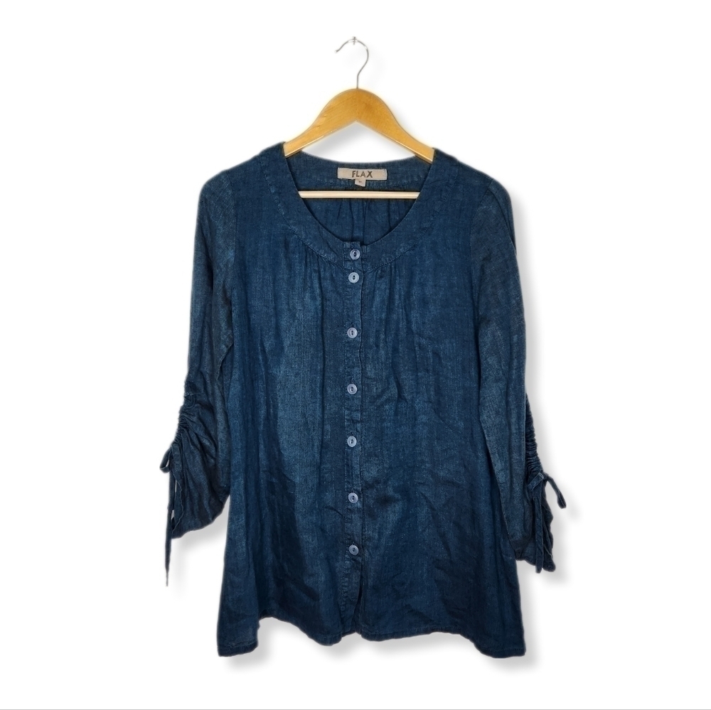 Flax Linen Ruched Drawstring Sleeve Blue Button Front Top Size P Small
